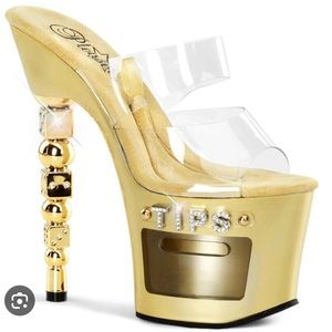 Sz 10 Pleaser stiletto sandal. Sexy gold and rhinestones. EXCELLENT condition.